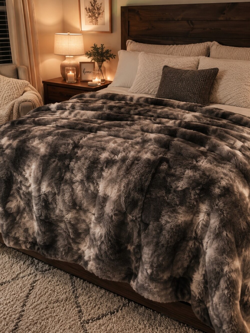 Plush Faux Fur Comforter - Gray Plush Queen Size Brand New